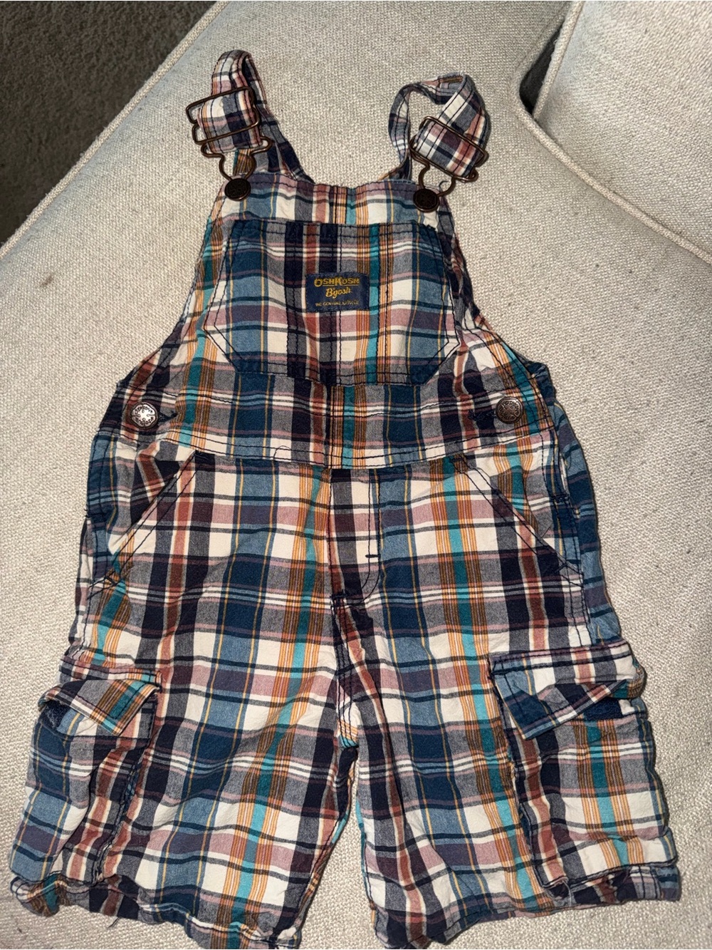 OshKosh B'gosh Navy, Brown & Cream Plaid Overalls